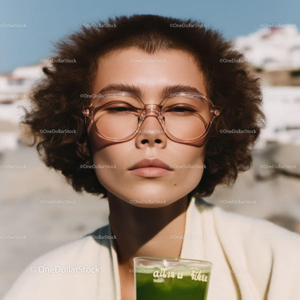 Young Woman Wearing Stylish Glasses with Green Drink at Beach