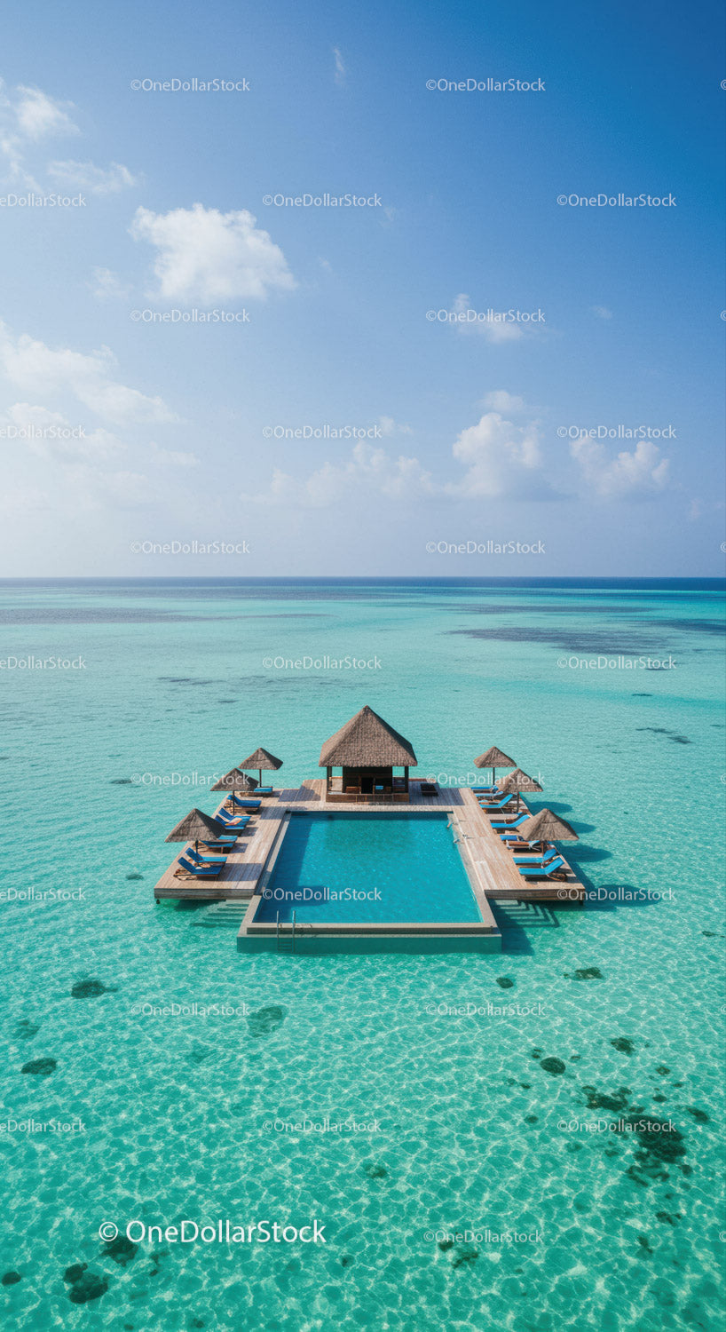 Overwater Bungalow with Pool on Turquoise Ocean in Tropical Paradise
