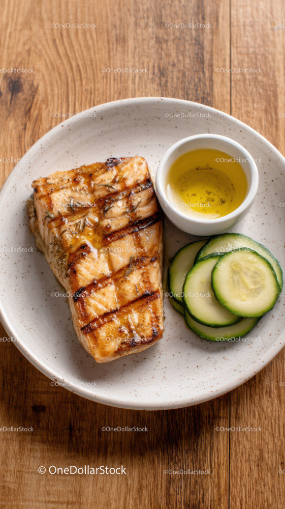 Grilled Salmon Fillet with Olive Oil and Cucumber Slices