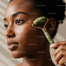 Close-up of woman with natural skin using jade roller for facial massage
