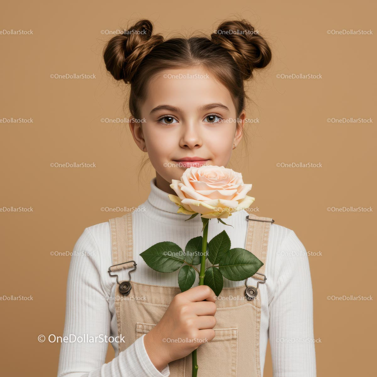 Young Girl with Pale Peach Rose Portrait on Soft Beige Background