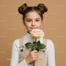 Young Girl with Pale Peach Rose Portrait on Soft Beige Background