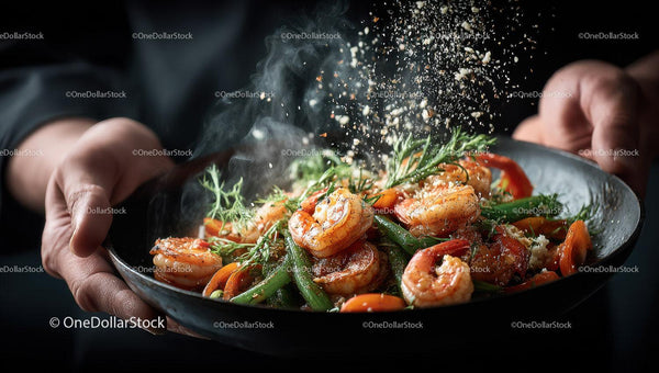 Vibrant Shrimp and Vegetable Stir-Fry in Elegant Black Bowl