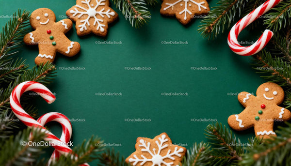 Festive gingerbread cookies and candy canes on green