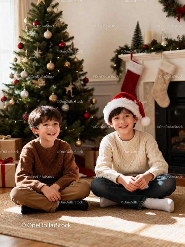 Happy children sitting by Christmas tree in cozy room