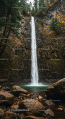 Serene water falling over rocky cliff in autumn forest