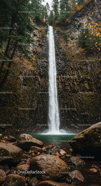 Serene water falling over rocky cliff in autumn forest