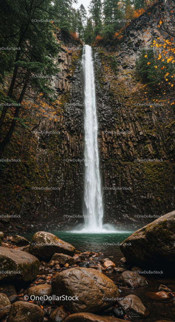 Serene water falling over rocky cliff in autumn forest