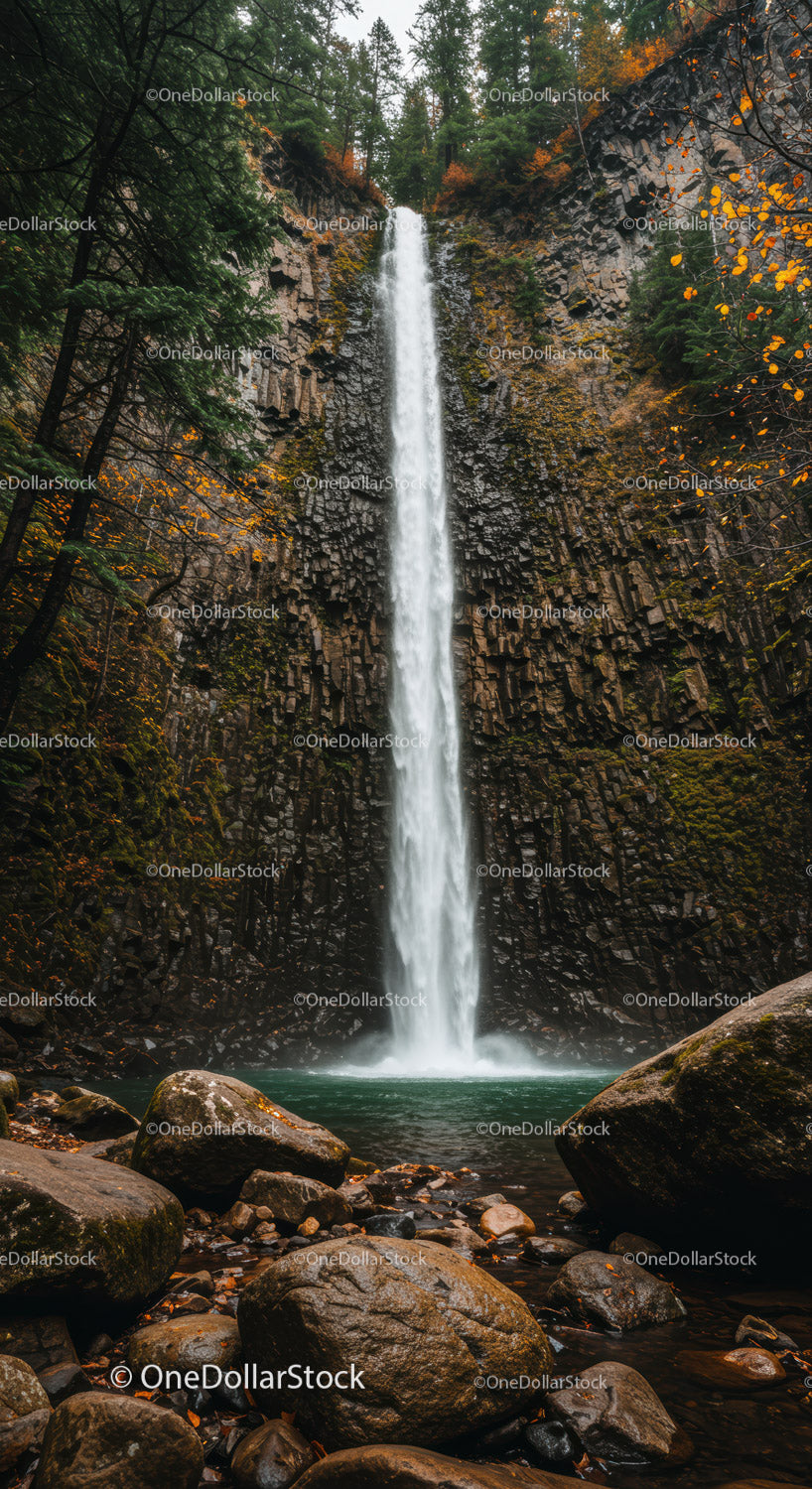 Serene water falling over rocky cliff in autumn forest