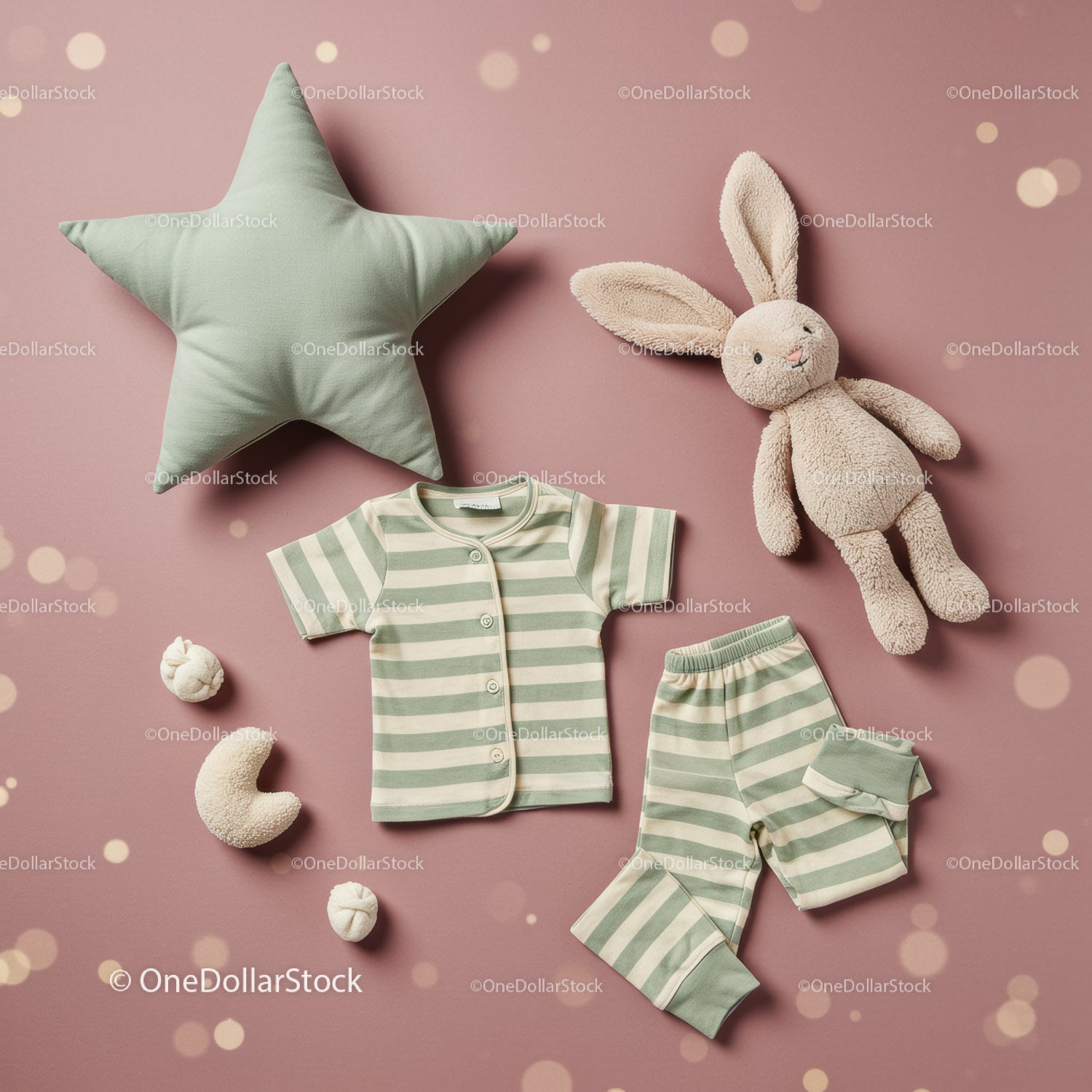 Soft pastel baby clothes with plush toys on pink