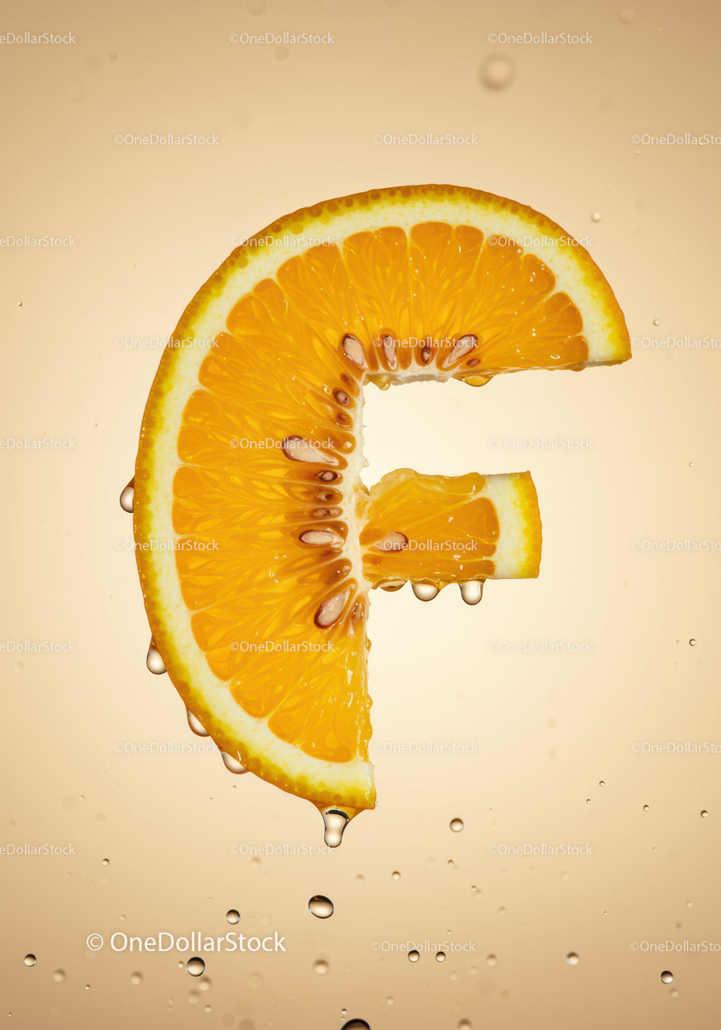 Fresh orange slice with water droplets floating on beige background