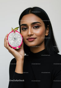 Beautiful Woman Holding Fresh Dragon Fruit for Health and Beauty