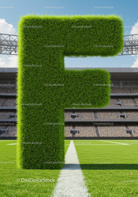 Green Grass Letter F on Soccer Field with Stadium
