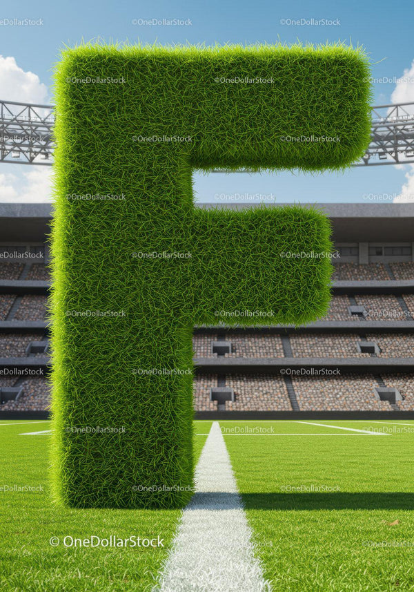 Green Grass Letter F on Soccer Field with Stadium
