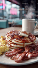 Stack of Fluffy Pancakes with Syrup and Bacon for Breakfast or Brunch