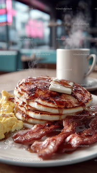 Stack of Fluffy Pancakes with Syrup and Bacon for Breakfast or Brunch