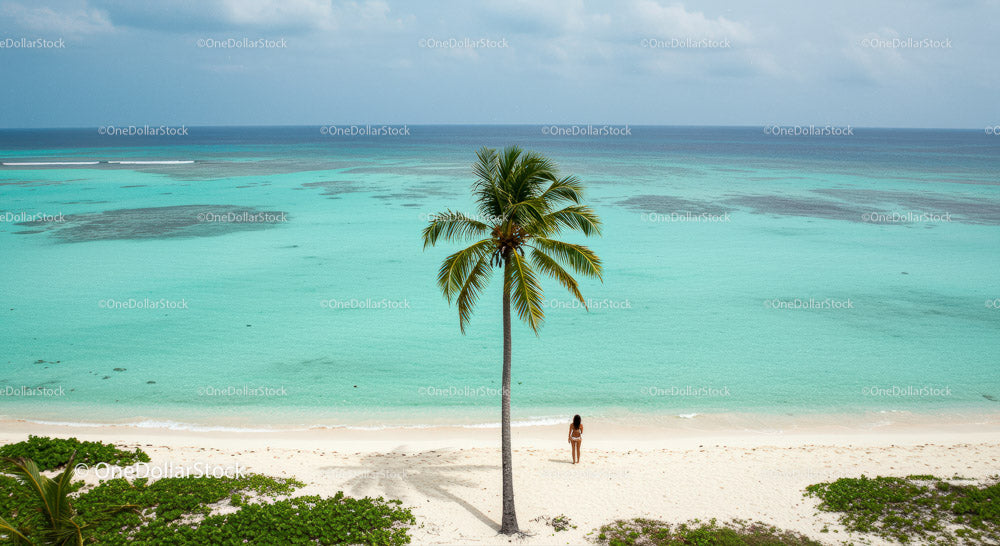 Lonely Traveler on a Tropical Beach Under a Palm Tree