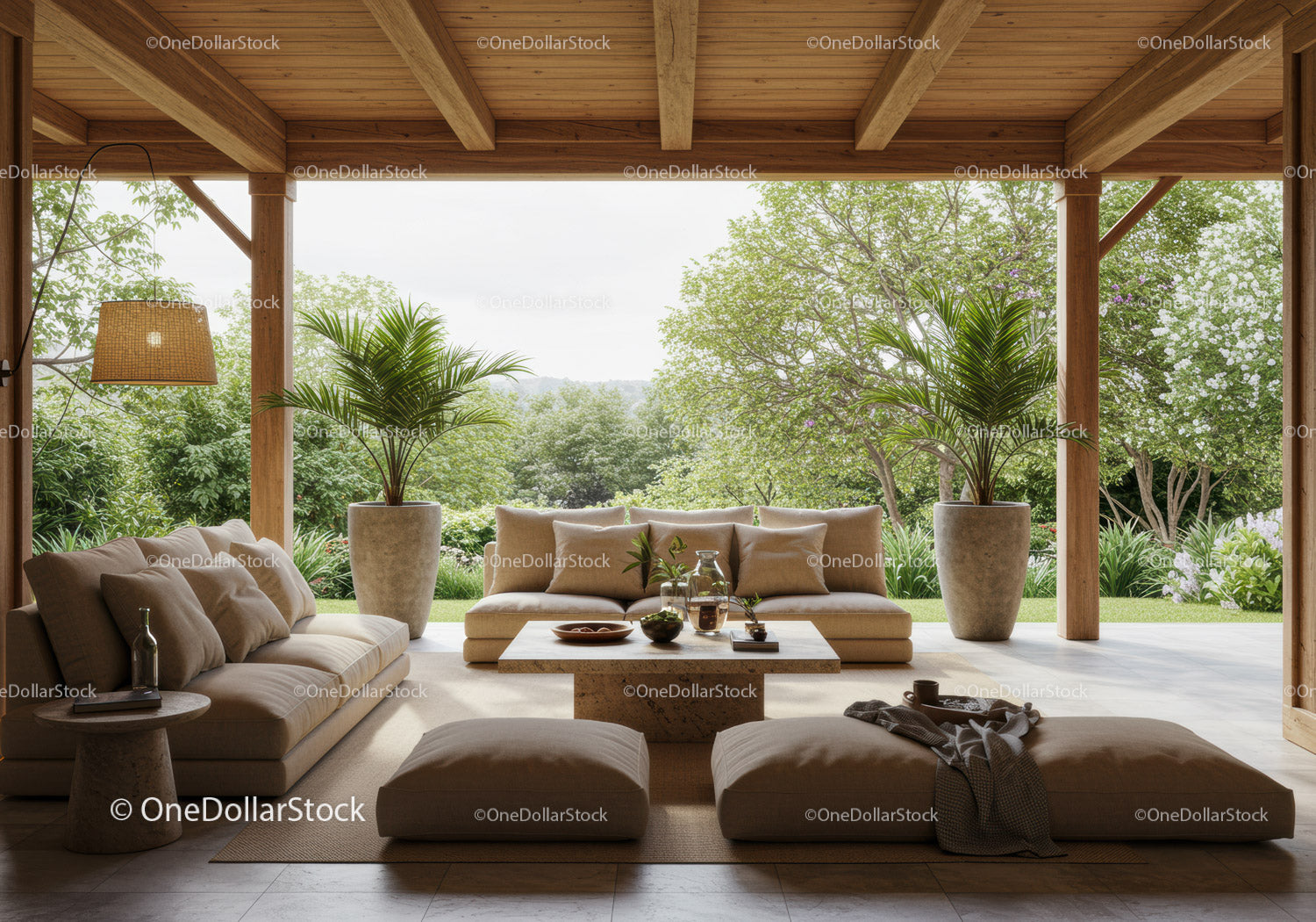 Cozy Outdoor Lounge Area with Natural Wood Elements