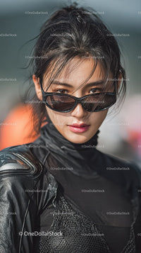 Confident Female Model in Stylish Sunglasses and Leather Outfit
