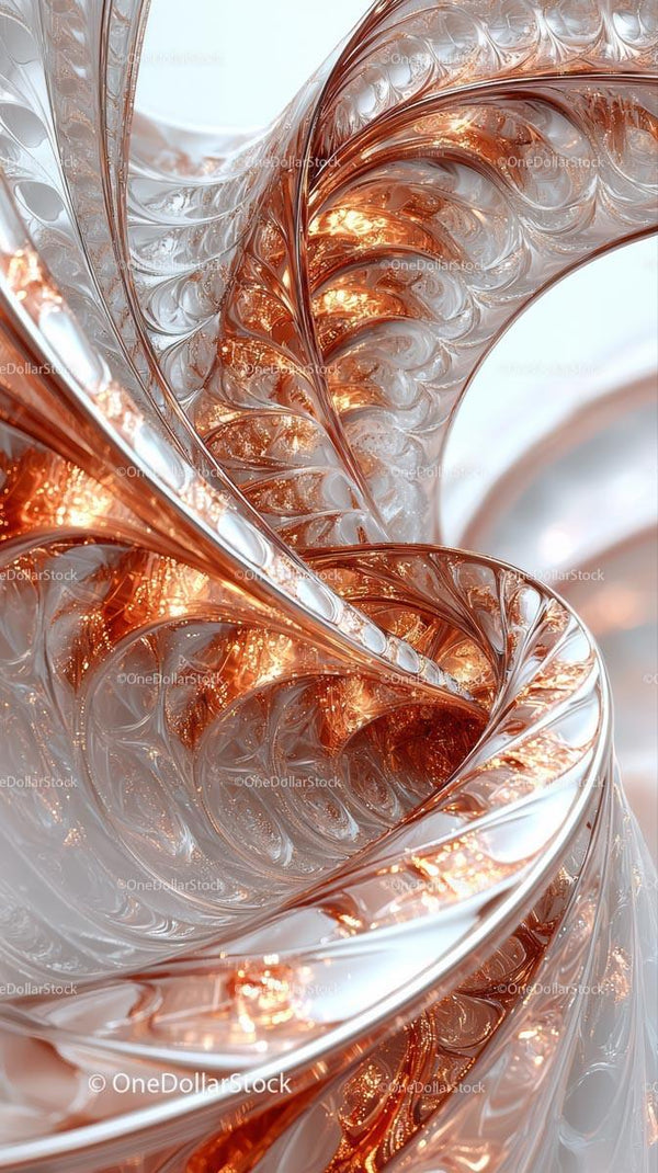Elegancka szklana rzeźba w miedzi i srebrze z misternym wzorem spiralnym