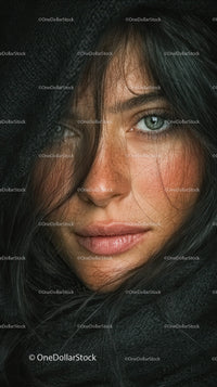 Close-up of a Beautiful Woman with Blue Eyes and Freckles