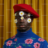 Portrait of man with daisies and red beret in floral sweater