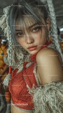 Young Woman with Tribal Inspired Fashion and Intense Gaze