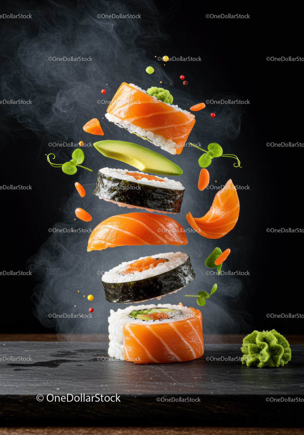 Floating Salmon Sushi with Fresh Avocado and Wasabi