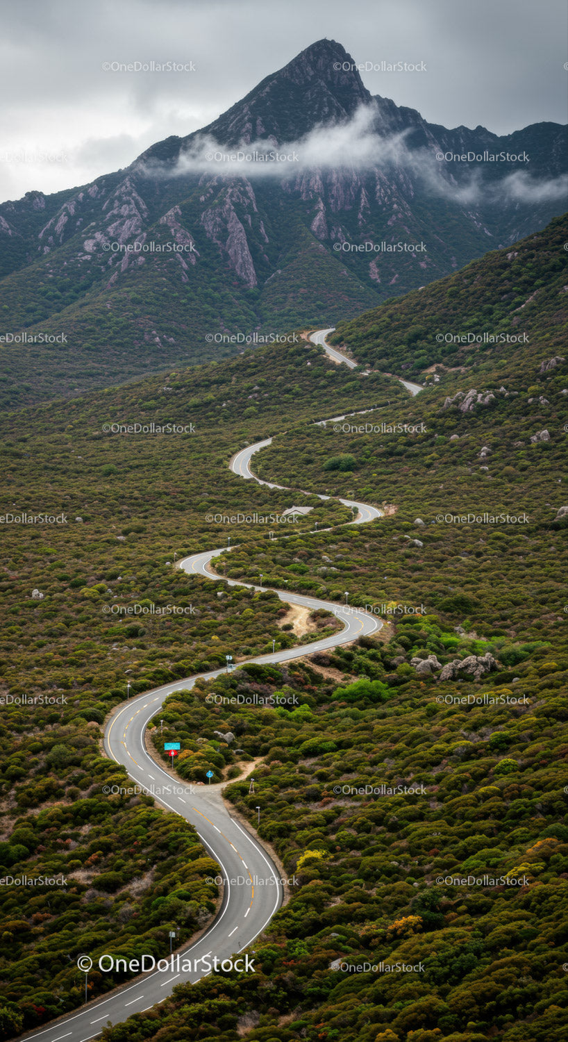 Scenic Mountain Landscape with Winding Road and Lush Greenery