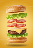 Delicious cheeseburger ingredients floating on yellow background