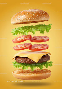 Delicious cheeseburger ingredients floating on yellow background