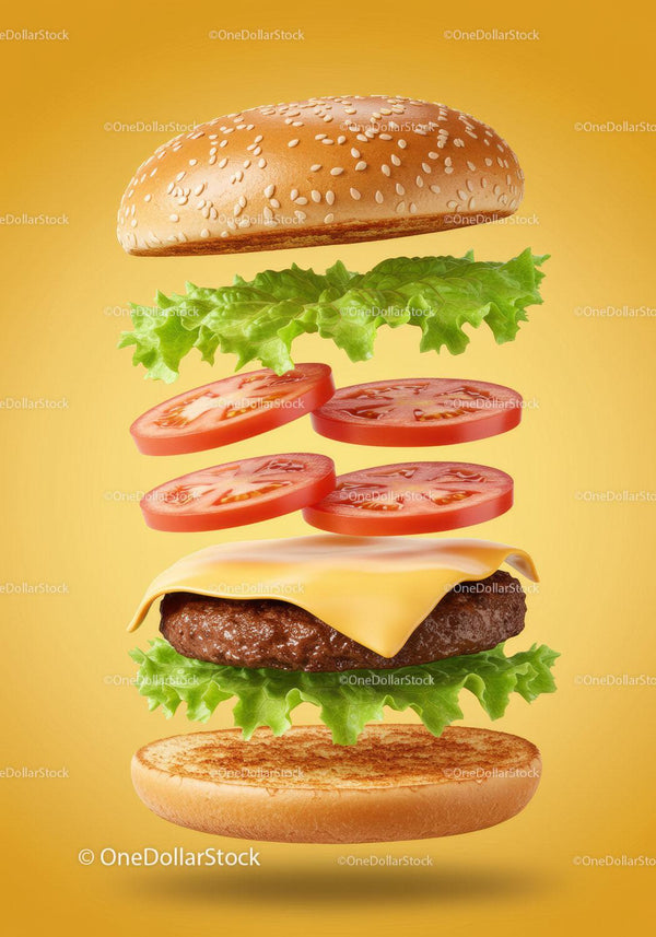 Delicious cheeseburger ingredients floating on yellow background