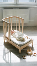 Newborn baby peacefully sleeping in minimalist wooden crib