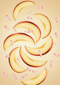 Apple slices arranged with scattered pink petals on beige