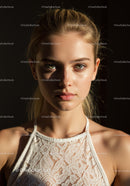 Stunning Young Woman Portrait with Piercing Blue Eyes and Elegant Lace Top