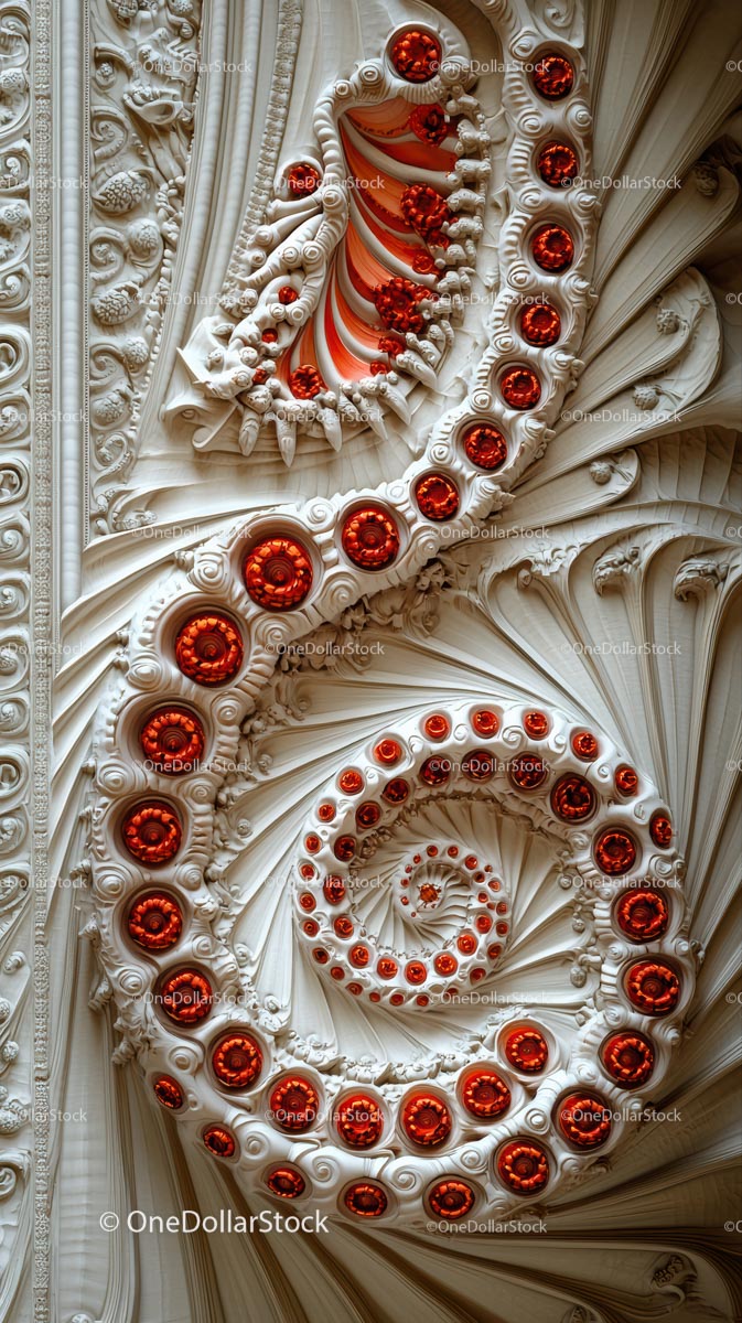 Exquisite Baroque Ceiling with Red Luminous Accents and Spiral Design