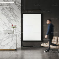 Modern office lobby with marble reception and blank poster