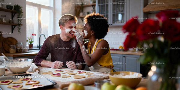 Couple playfully baking heart shaped cookies together