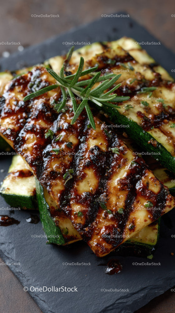 Grilled Zucchini Slices on Black Slate Plate with Char Marks