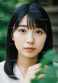 Young Woman with Black Hair and Clear Skin in Outdoor Setting