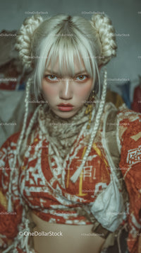 Stylish Young Woman with Braided Pigtails and Fierce Expression