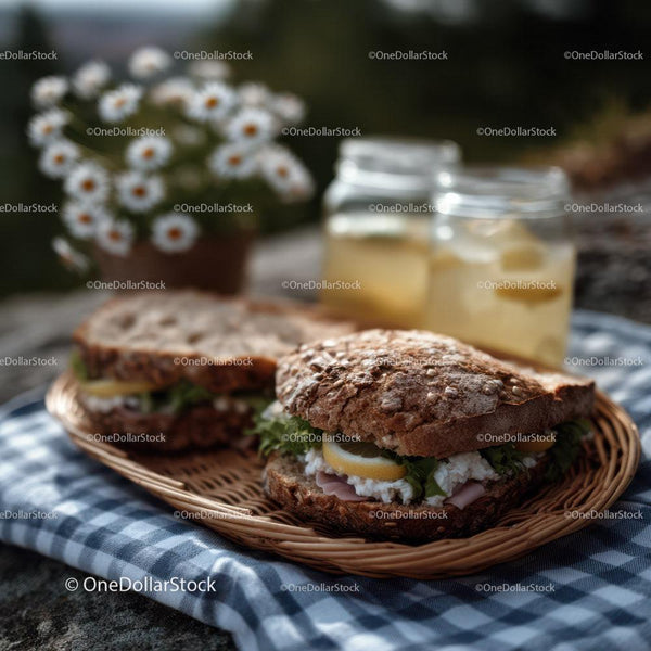Fresh Ham and Lettuce Sandwich on Baguette with Lemons Outdoors