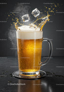 Cold beer with ice cubes splashing in clear glass mug