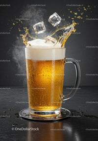 Cold beer with ice cubes splashing in clear glass mug