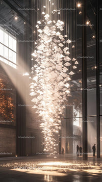Elegant Modern Glass Chandelier Hanging Installation in Spacious Interior