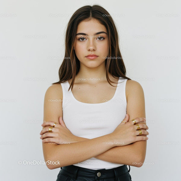Confident Young Woman with Arms Crossed in Stylish Casual Outfit