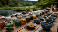 Herbal Tea Ingredients in Jars and Bowls on Wooden Table Outdoors