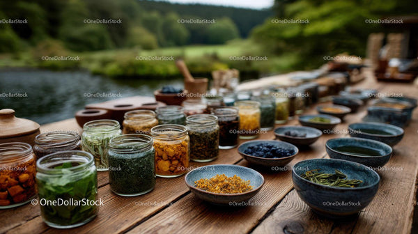Herbal Tea Ingredients in Jars and Bowls on Wooden Table Outdoors
