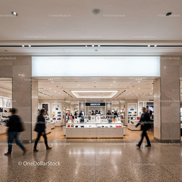 Modern luxury store interior with shoppers passing by JPG Mockup Image