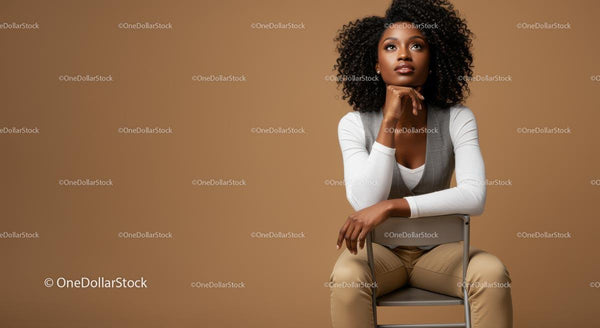 Confident Woman Sitting on Chair with Thoughtful Expression in Studio